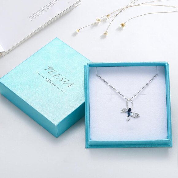 Blue Crystal Butterfly Pendant Necklace Sterling Silver Gift for Women Girls - Picture 7 of 7